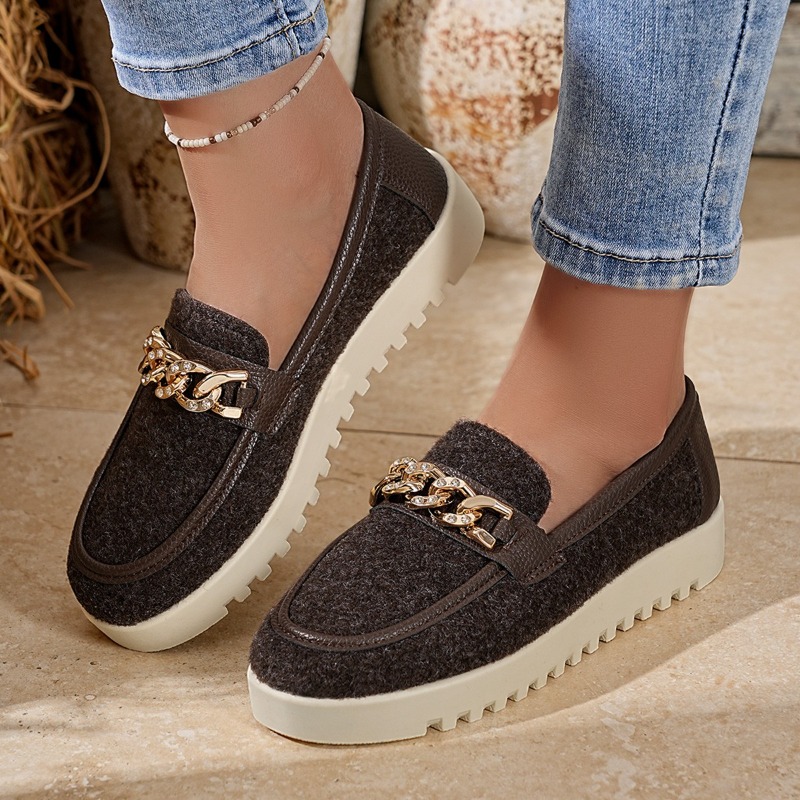 Women'S Fashion Loafers - รองเท้าโลฟเฟอร์ผู้หญิงทรงหัวมน หนังกลับแกะ สไตล์เรโทร ประดับหัวเข็มขัดโลหะ รองเท้าส้นตึก สำหรับฤดูใบไม้ผลิและฤดูใบไม้ร่วง