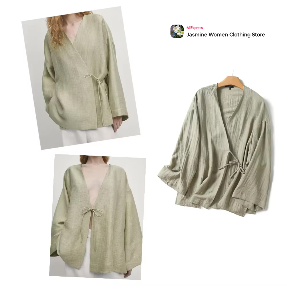 Kimono Cardigan Women - Comfy Olive เสื้อผูกแขนยาวผู้หญิงกิโมโน V คอปกเสื้อสเวตเตอร์ถักย่นเสื้อด้านข้างแยก 2