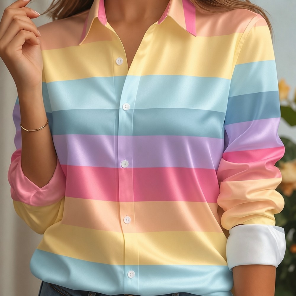 Women Top Fashion - เสื้อเชิ้ตผู้หญิง ปกผ้าซาติน ลายทางพาสเทล แขนยาว ทรงหลวม สไตล์หรูหรา