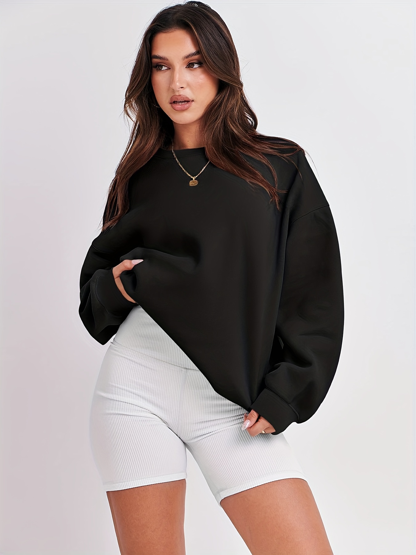 Hoodie Women Oversized - เสื้อฮู้ดขนาดใหญ่ของผู้หญิงขนาดบวก - เสื้อสเวตเชิ้ตสวมหัวหลวมใหม่ปี 2025 เสื้อคอกลมแขนยาวสีทึบสําหรับยุโรป