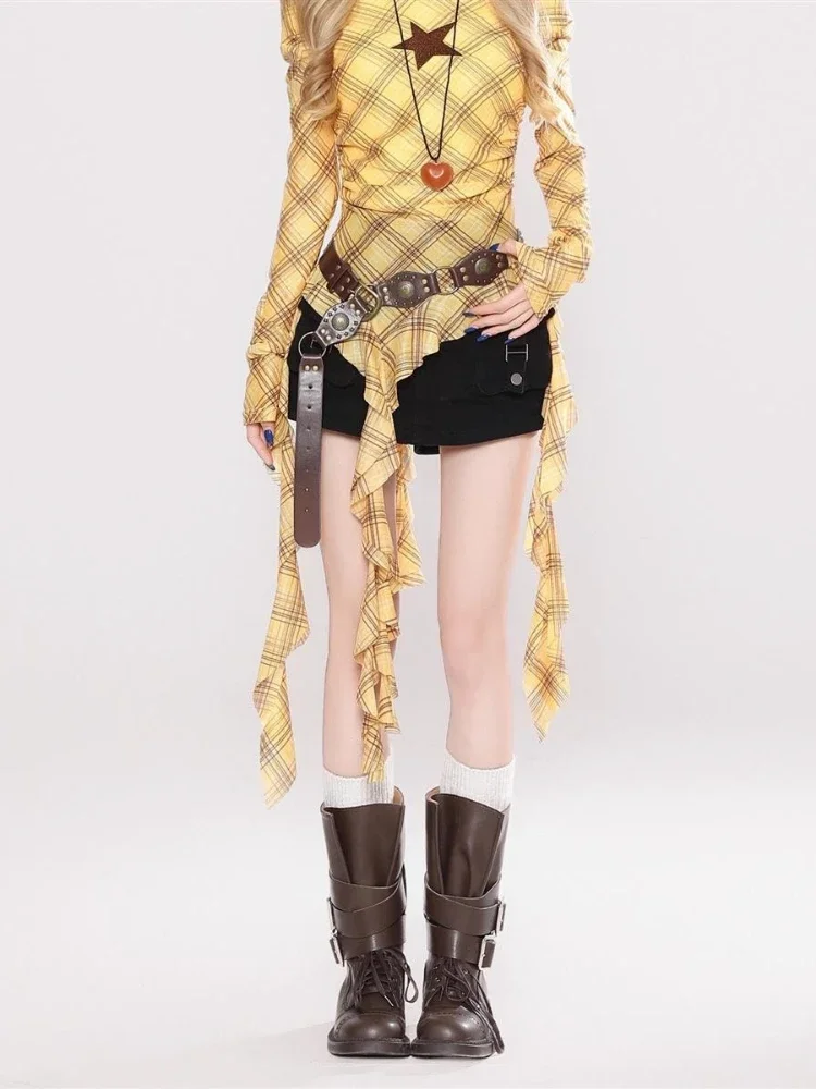Women Top Fashion - เสื้อยืดวินเทจลายสก๊อต Y2K สำหรับผู้หญิง, เสื้อรัดรูปสไตล์กรันจ์, เซ็กซี่สไตล์แฟรี่
