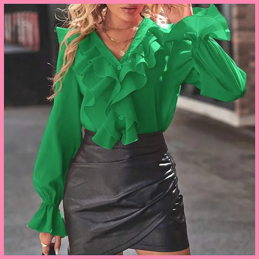 Women Top Fashion - เสื้อเบลาส์แฟชั่นปี 2025 คอวี แขนระบาย ดีไซน์หรูหราสำหรับผู้หญิง -