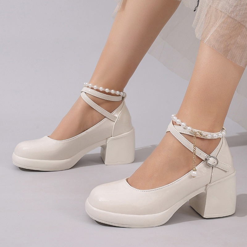 Women Fashion Heels - รองเท้าส้นสูงแบบสวมสำหรับผู้หญิง แฟชั่นสายไขว้ สไตล์แมรี่เจน ดีไซน์เรียบหรู ส้นสูง พื้นหนา
