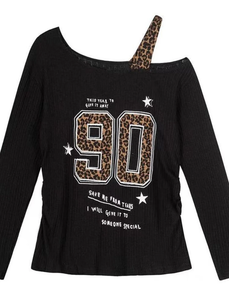 Women Top Fashion - เสื้อยืดลายเสือดาวสไตล์ Y2K แบบแพทช์เวิร์คสำหรับผู้หญิง ทรงหลวม สตรีทแวร์ สไตล์กรันจ์