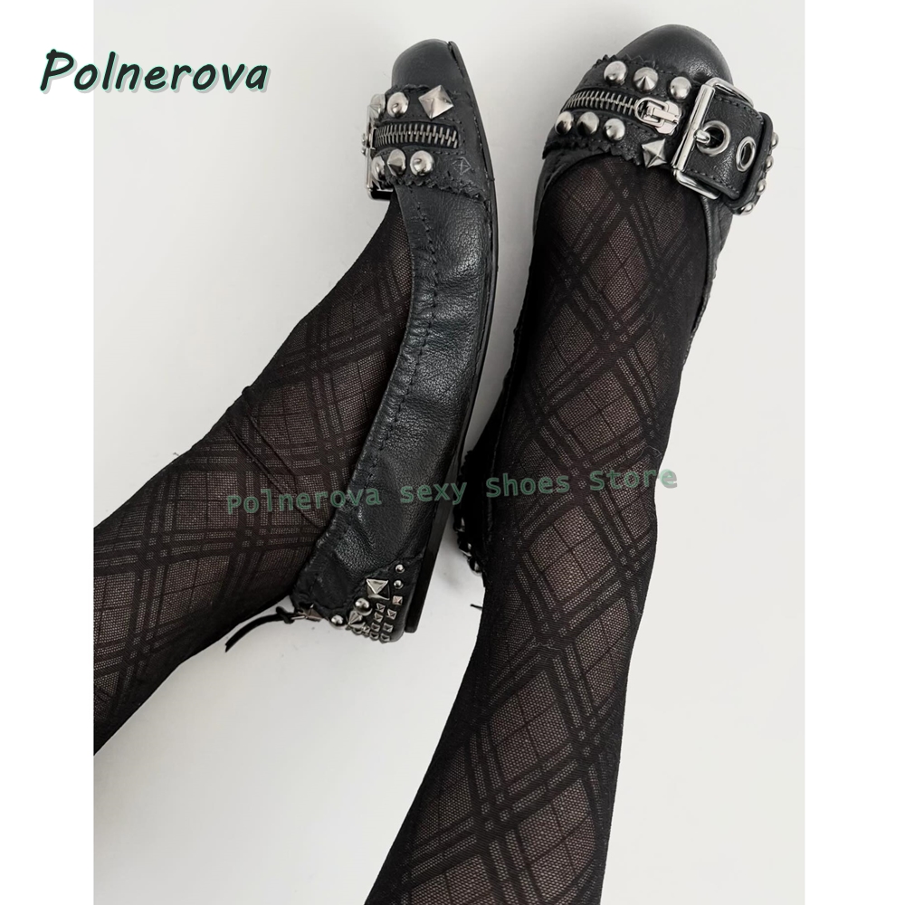 Women'S Fashion Loafers - รองเท้าส้นเตี้ยแบบมีซิปประดับตกแต่ง รุ่น Mary Jane หัวแหลม พร้อมหัวเข็มขัดแบบ