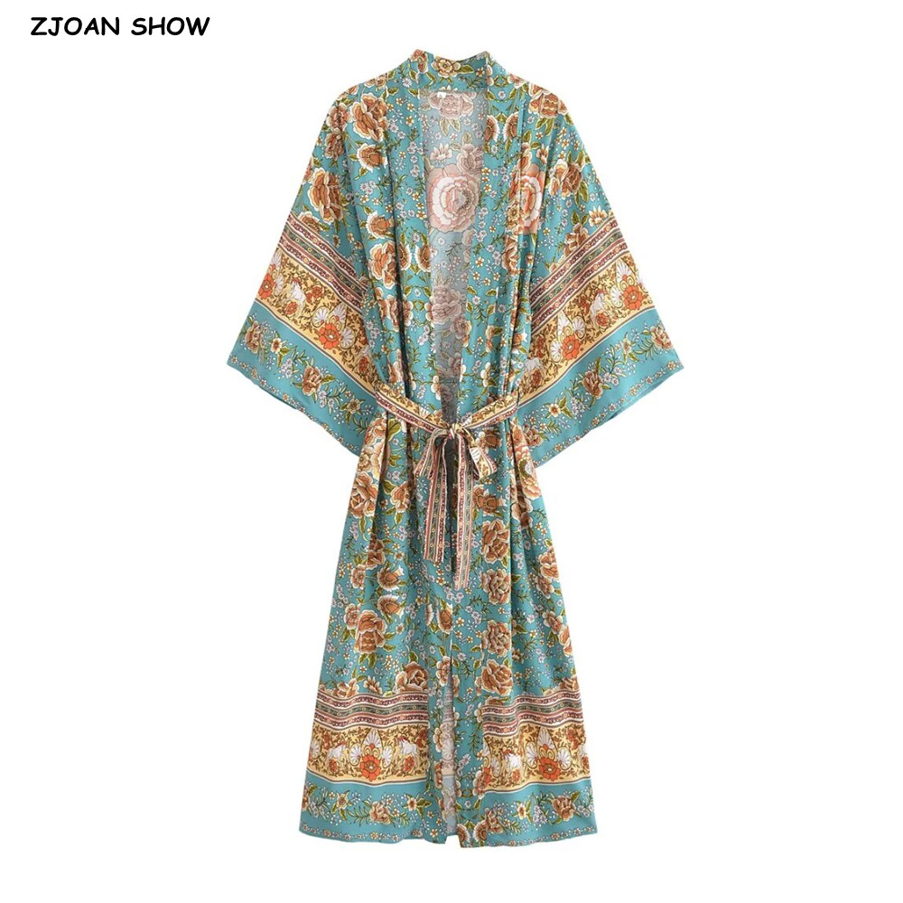 Kimono Cardigan Women - วันหยุดผู้หญิงดอกไม้สีเขียวพิมพ์เสื้อกิโมโน BOHO Slit Armhole แขนค้างคาวน้ํา Bow