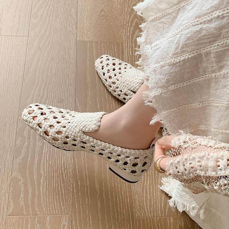 Women Fashion Heels - รองเท้าสานหนังแท้แฟชั่นสุดฮิตปี 2026 รองเท้าส้นเตี้ยระบายอากาศสำหรับผู้หญิง รองเท้าลำลองแบบสวมสำหรับฤดูร้อน รองเท้าลำลองสำหรับผู้หญิง