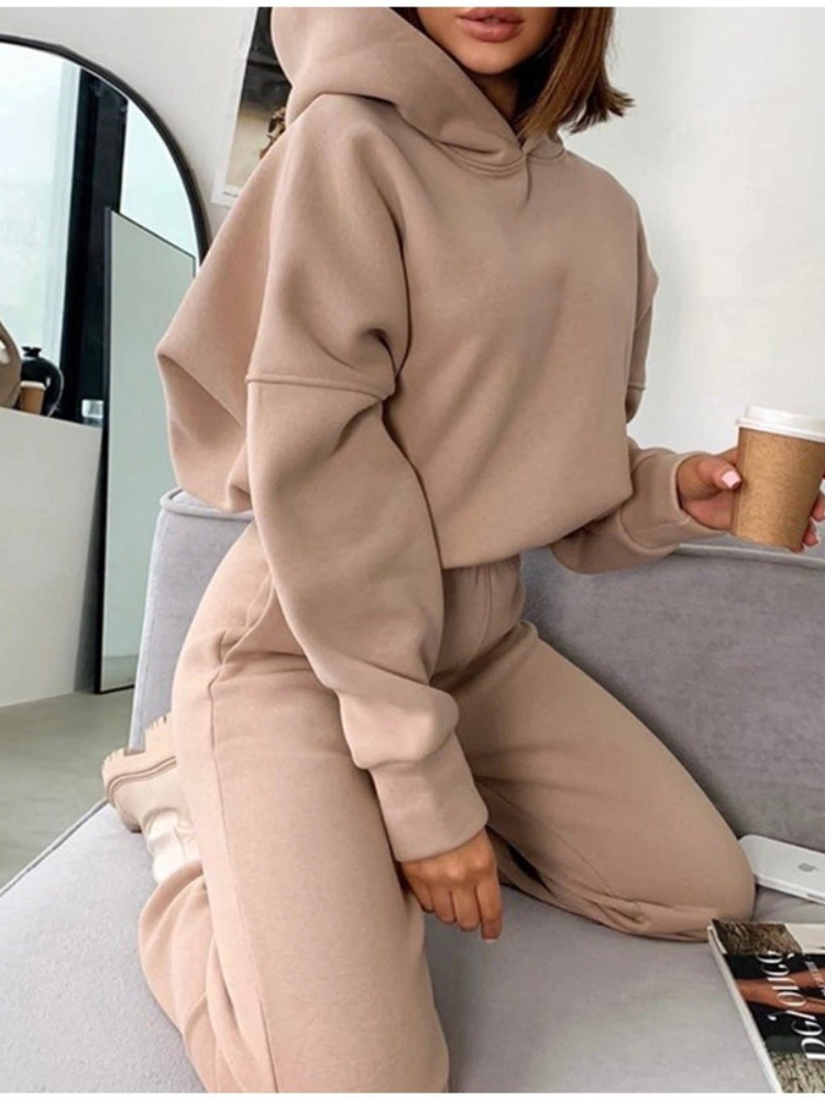 Hoodie Women Oversized - ชุดวอร์มผู้หญิงสองชิ้น - เสื้อฮู้ดดี้โอเวอร์ไซส์ กางเกงขายาวสีพื้น ชุดกีฬา |