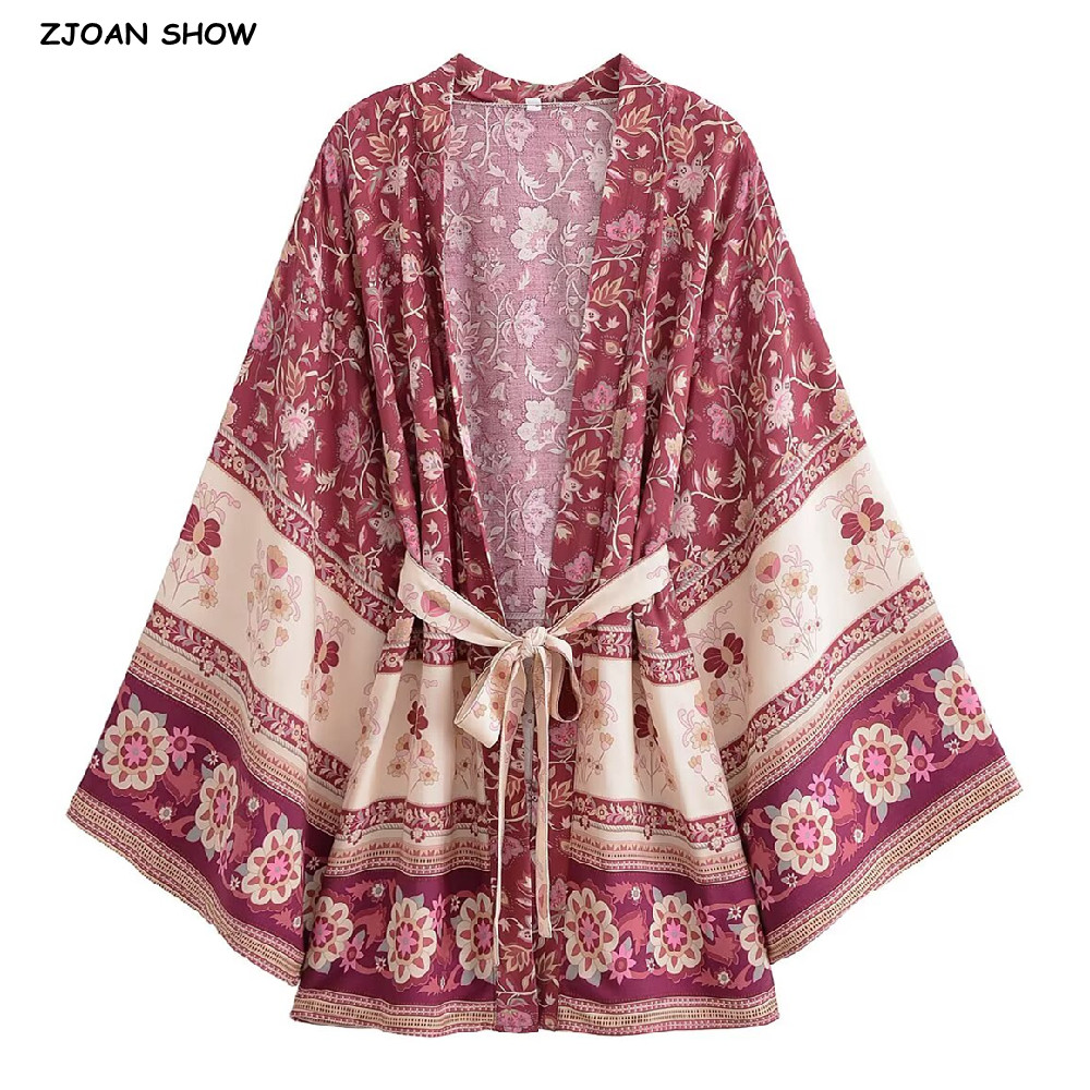 Kimono Cardigan Women - 2022 BOHOผู้หญิงContrastดอกไม้พิมพ์Kimonoเสื้อวันหยุดโบว์Sashesกลางยาวเสื้อสเวตเตอร์ถักเสื้อฤดูร้อนผ้าฝ้ายเสื้อชายหาด