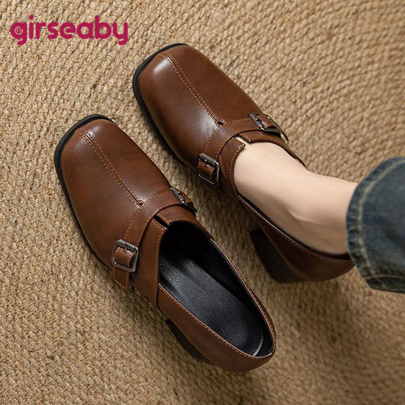 Women'S Fashion Loafers - Girseaby Vintage ผู้หญิงปั๊มสแควร์ Toe รองเท้าส้นสูง Slip