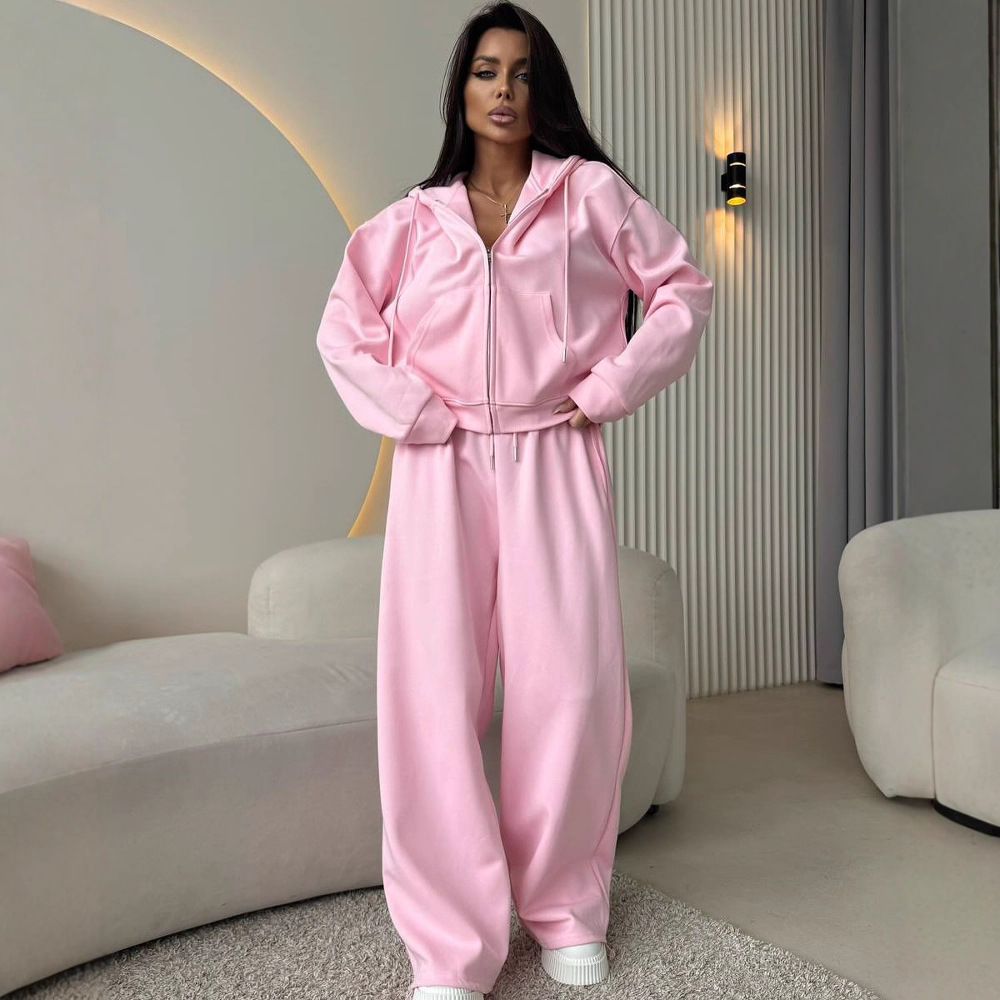 Hoodie Women Oversized - ชุดลำลองผู้หญิง 2 ชิ้น เสื้อฮู้ดมีซิปและกางเกงขายาวทรงกว้าง ชุดสเวตเตอร์ลำลองขนาดใหญ่สำหรับใส่ในชีวิตประจำวัน