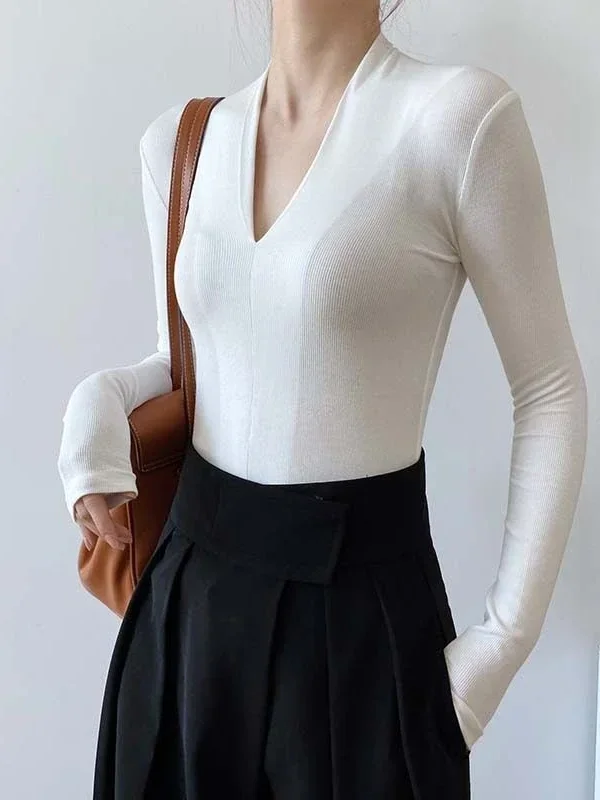 เสื้อเชิ้ตคอวีทรงเข้ารูป แขนยา - Women Top Fashion บทวิจารณ์และราคา