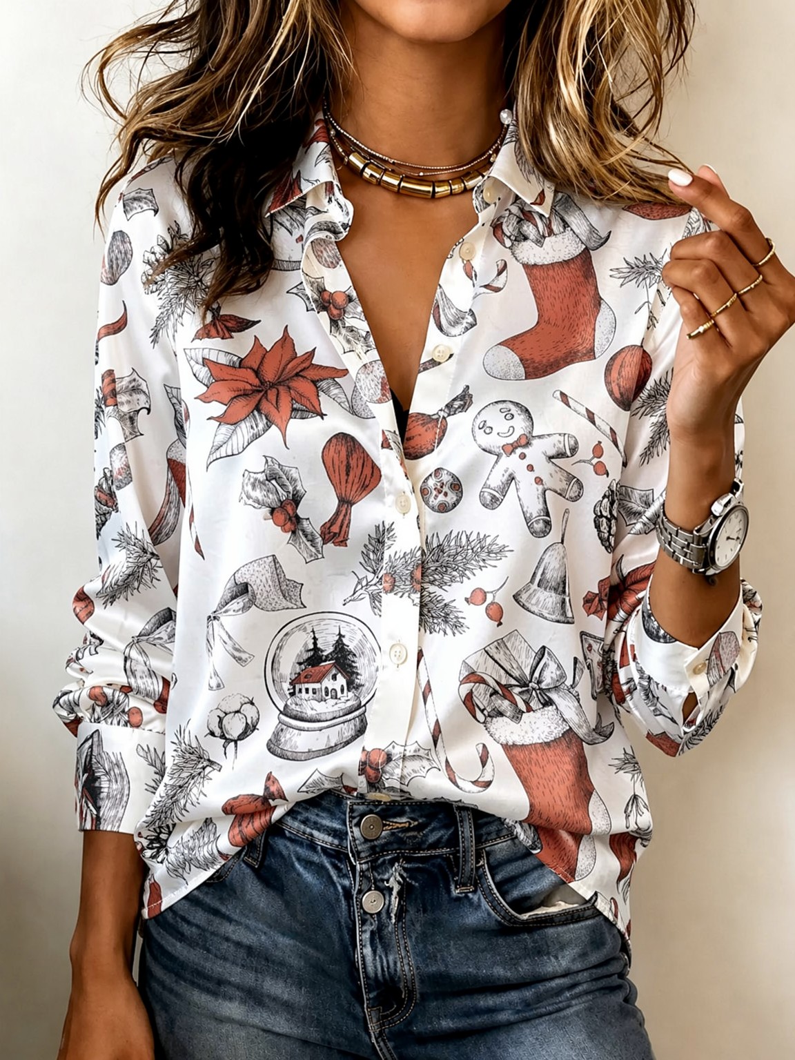เสื้อซาตินแขนยาวปกอ่อนนุ่มสำหร - Women Top Fashion บทวิจารณ์และราคา
