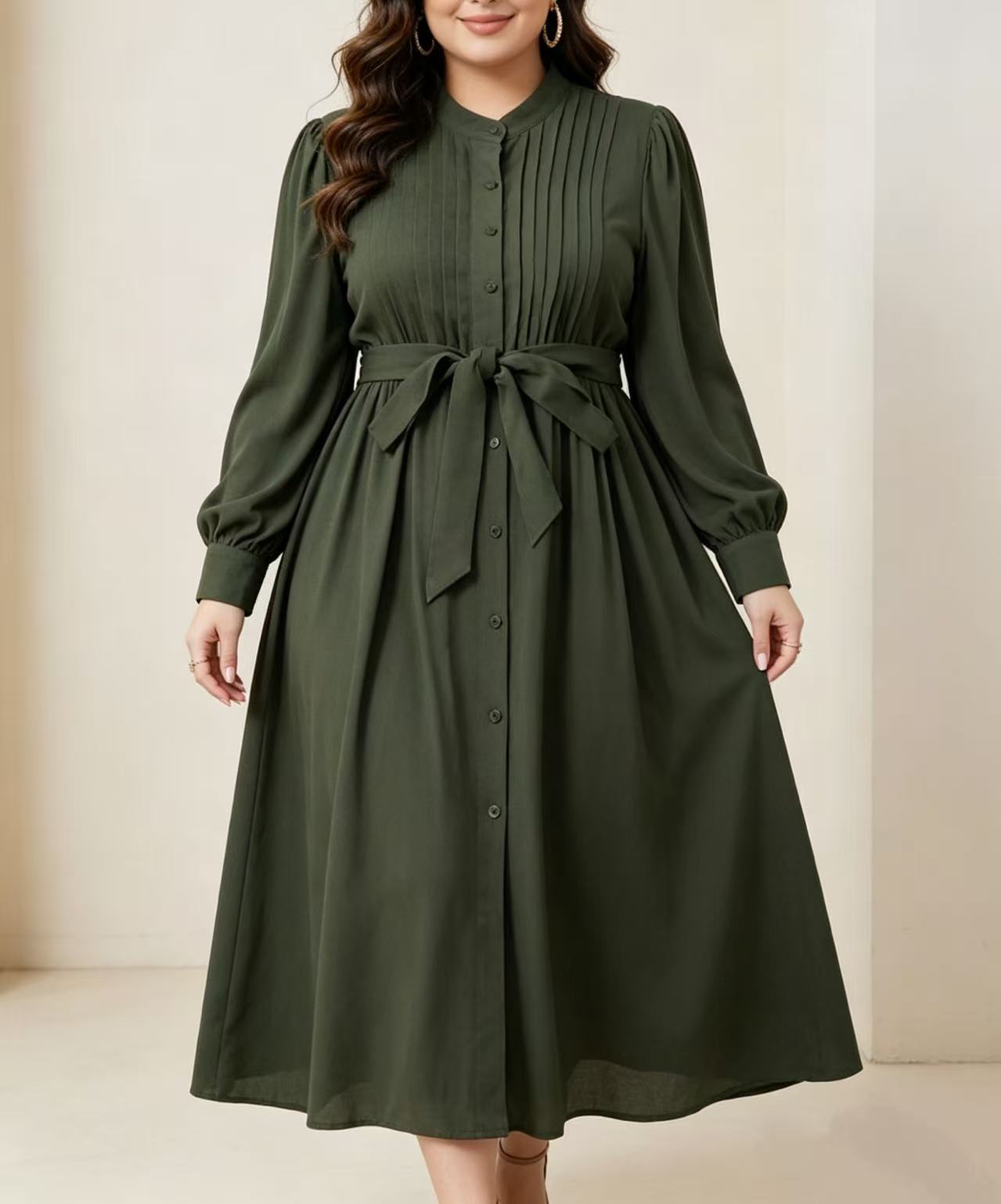 เดรสเชิ้ตยาวทรงพลีทสีเขียวขี้ม - Belted Shirt Dress บทวิจารณ์และราคา