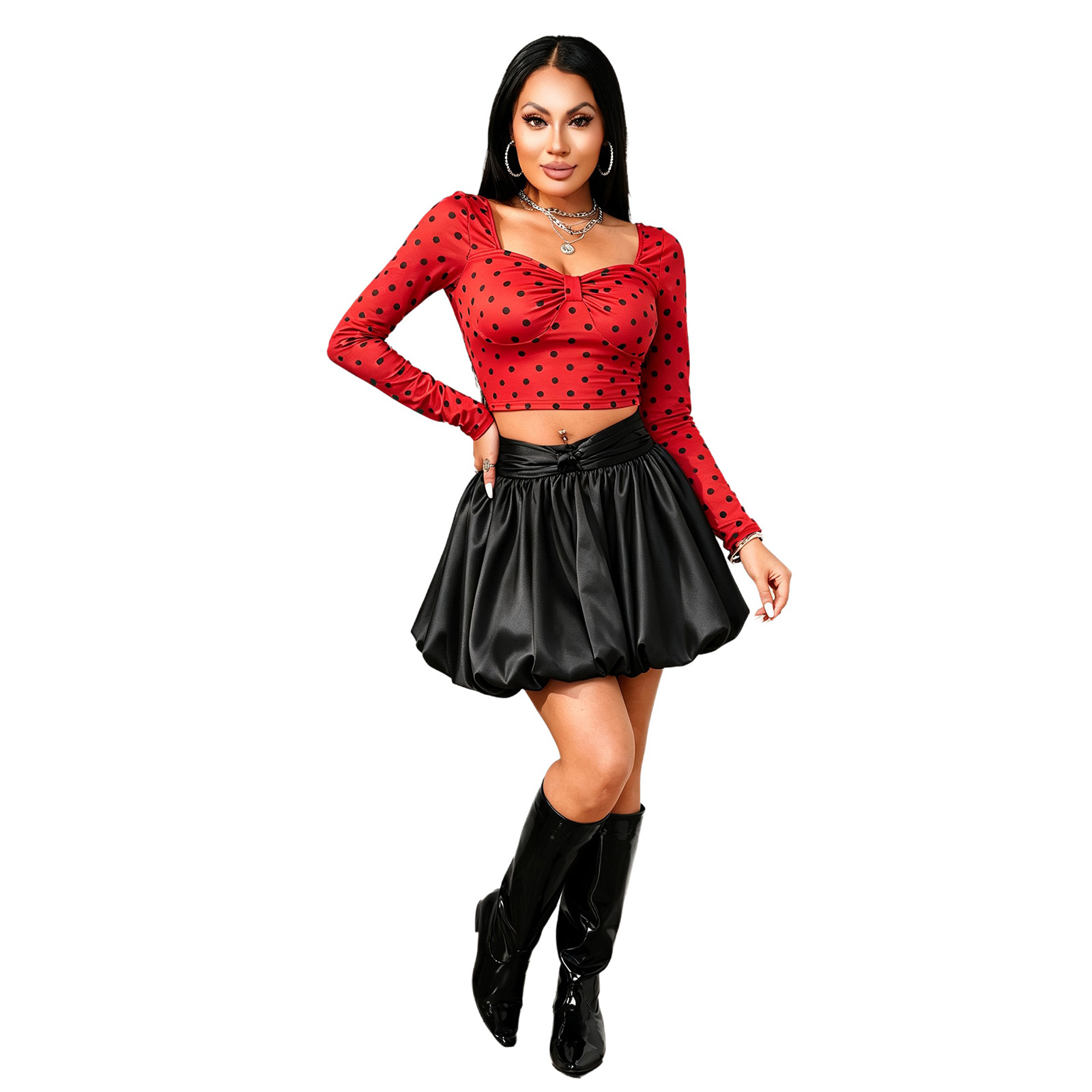 เสื้อครอปแขนยาวลายจุดสำหรับผู้ - Women Top Fashion บทวิจารณ์และราคา