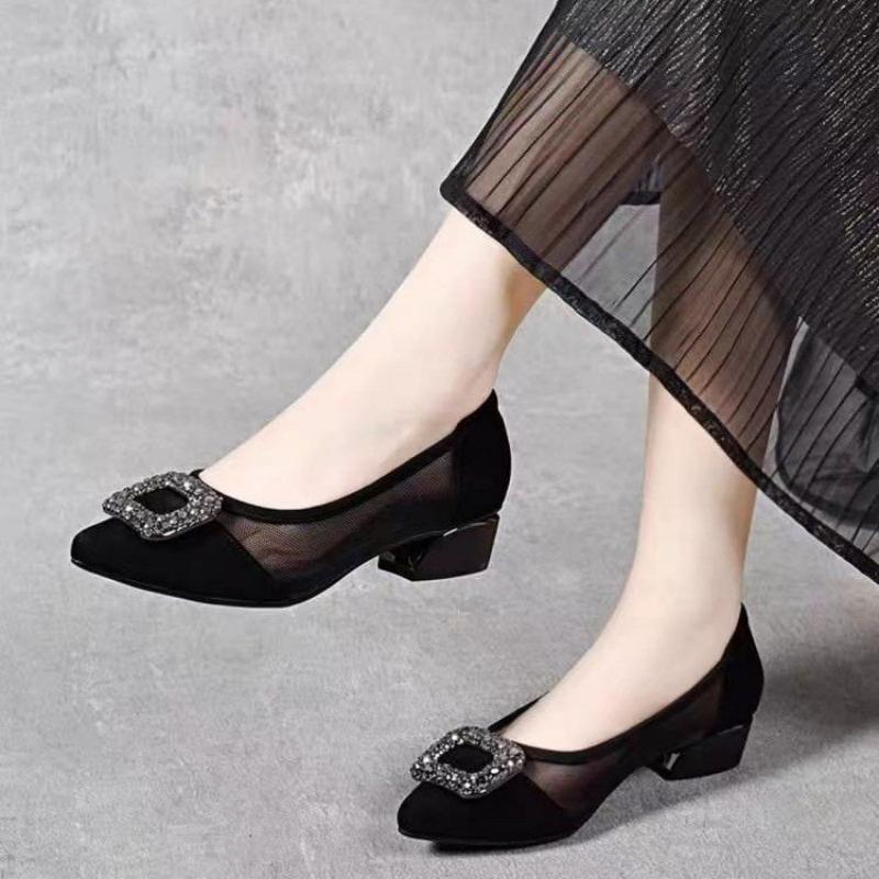 รองเท้าส้นบล็อกหัวแหลมแบบตาข่า - Women Fashion Heels บทวิจารณ์และราคา